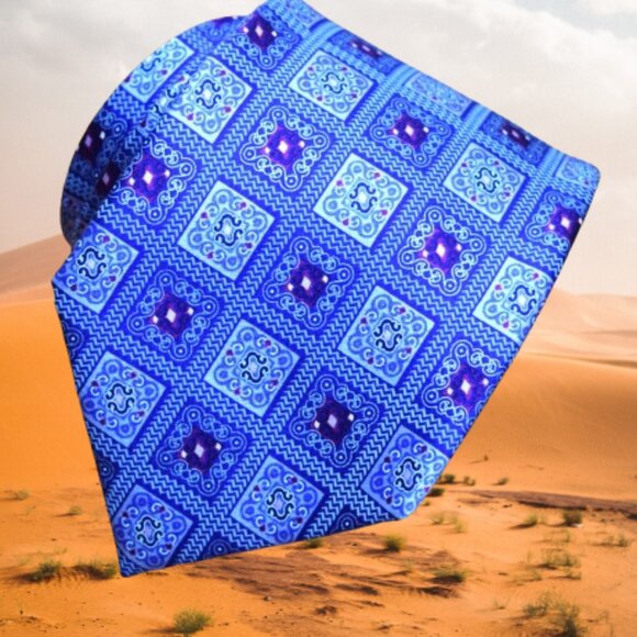 New $350 ERMENEGILDO ZEGNA Purple Aqua Blue Geometric medallions Silk Tie Italy